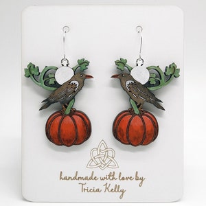 Handmade painted jewelry, raven crow wood earrings, pumpkin on a vine, moon design, includes a free gift box