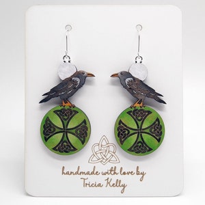 Handmade earrings, hand painted wood jewelry, raven crow with a green Celtic Irish knot and moon, includes a free gift box