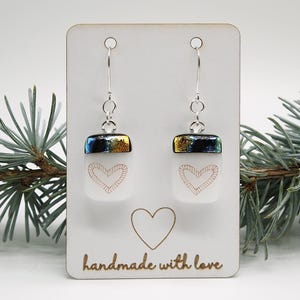 Heart earrings, handmade fused dichroic glass jewelry gift, created by artist Tricia Kelly, with free gift box, free shipping
