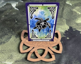Single Tarot Oracle card wooden display stand laser cut engraved Celtic Knot divination altar tool