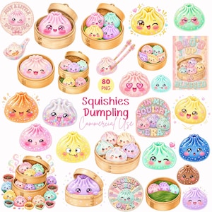 キラキラ餃子のクリップアート、80個のかわいいぷにぷにしたPNGバンドル、かわいい食べ物のクリップアート、キラキラステッカーデザイン、デジタルダウンロード