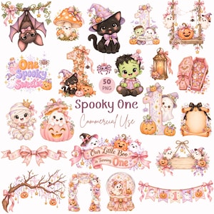 50 Fall Spooky One First Birthday Clipart PNG | Cute Halloween Pumpkin Graphics | Baby Girl Spooky One Party Clipart | Commercial Use