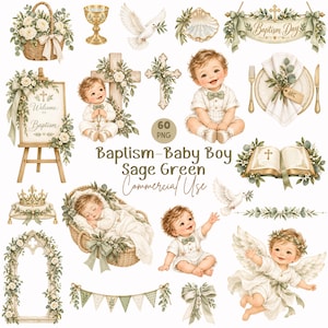 60 Chrzest Chłopczyk Clipart PNG | Szałwiowozielone Grafiki Chrztu | Zaproszenie i Dekoracje Chrztu | Religijny Clipart Chłopca | Użytek Komercyjny