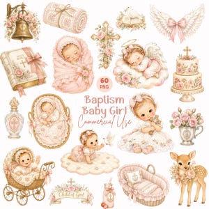 Baptism Clipart Baby Girl, 70 Christening PNG Bundle, Girl Baptism Invitation, Religious Clip Art, Digital Download
