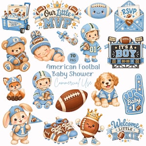 70 imágenes prediseñadas PNG de fútbol americano para baby shower / Gráficos deportivos Little Rookie / Invitación y decoración para baby shower de fútbol americano / Uso comercial
