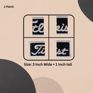 May include: A rectangular embroidered patch with a black background and white script text reading Titleist. The patch features a white border and measures 3 inches wide by 1 inch tall. The image displays the patch in four separate segments.