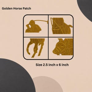 May include: A golden embroidered patch featuring a polo player and horse design, divided into four distinct close-up sections. The patch is labelled Golden Horse Patch and measures 6.35 cm by 15.24 cm, showcasing detailed stitching and texture.