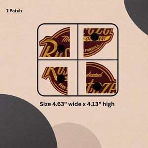 May include: A circular embroidered patch featuring dark red fabric with gold lettering and border details. The design is divided into four quadrants by black lines, with black dots in each section. It measures 4.63 inches wide by 4.13 inches high.