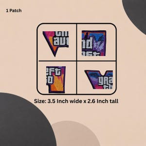 May include: A rectangular embroidered patch featuring the text Grand Theft Auto in white block letters against a vibrant background of pink, orange, and blue palm tree silhouettes. The patch measures 8.89 cm wide by 6.6 cm tall.
