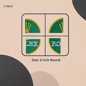 May include: A round embroidered patch measuring 7.62 cm in diameter, featuring a green background with a gold border. The design includes a gold crown icon and the white text ROLEX, divided into four quadrants within a black-lined square frame.