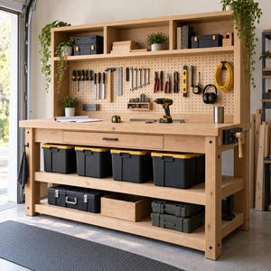 May include: A light oak wooden workbench featuring a pegboard back panel with various hand tools, a power drill, and a yellow extension cord. The unit includes a top shelf, a central drawer, and lower shelves holding black storage bins and cases.