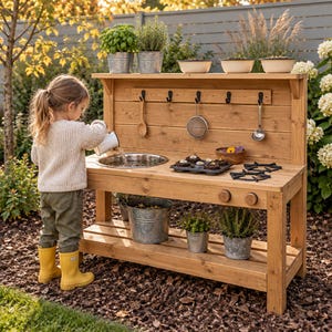 Planos en PDF para cocina infantil de barro, construcción de madera para exteriores, 1,5 m, para dos niños, con fregadero.