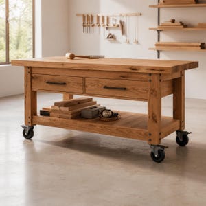 Planos para banco de trabajo móvil de alta resistencia / Mesa de taller rodante con cajones y ruedas / Descarga del PDF de bricolaje para carpintería