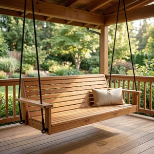 May include: A wooden porch swing featuring horizontal slats on the backrest and seat, suspended by thick black ropes. The swing includes flat armrests and a single rectangular beige throw pillow placed on the seat, all crafted from natural wood.