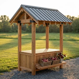 May include: A wooden roadside stand featuring a gabled roof with dark gray corrugated metal panels. The structure has four vertical support posts and a lower shelf holding two wooden crates filled with red apples and a small metal vase of flowers.