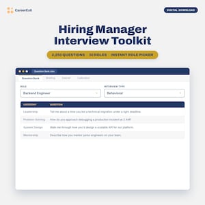 May include: A digital Hiring Manager Interview Toolkit featuring 2,250 questions for 30 roles. The interface displays a spreadsheet titled Question Bank.xlsx with dropdown menus for Backend Engineer and Behavioral interview categories.