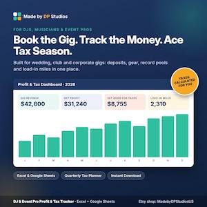 May include: A digital profit and tax tracker for DJs and musicians featuring a dashboard with 2026 gig revenue, net profit, tax savings, and mileage data. Includes a bar chart showing monthly earnings and text stating Taxes Calculated For You.