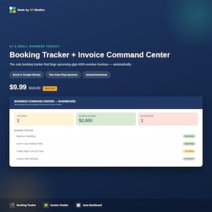 May include: A digital Booking Tracker and Invoice Command Center dashboard for small businesses. The interface displays a business dashboard with metrics for weekly bookings, revenue, and invoices due, alongside a list of events with status tags.