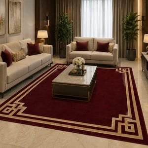 Può includere: Un tappeto rettangolare con un centro bordeaux intenso e un ampio bordo beige caratterizzato da un motivo geometrico a greca. Il tappeto è posizionato su un pavimento in marmo chiaro, centrato sotto un tavolino rettangolare in un soggiorno.