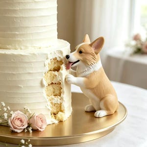 May include: A two-tiered white frosted cake with a large bite mark on the side, featuring a tan and white Corgi figurine with its tongue out, positioned as if eating the cake, placed on a gold circular stand with two light pink roses.