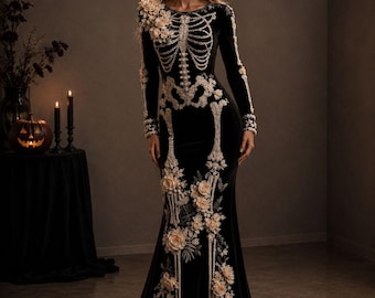 Gothic Skeleton Gown Black Velvet Floral Halloween Dress