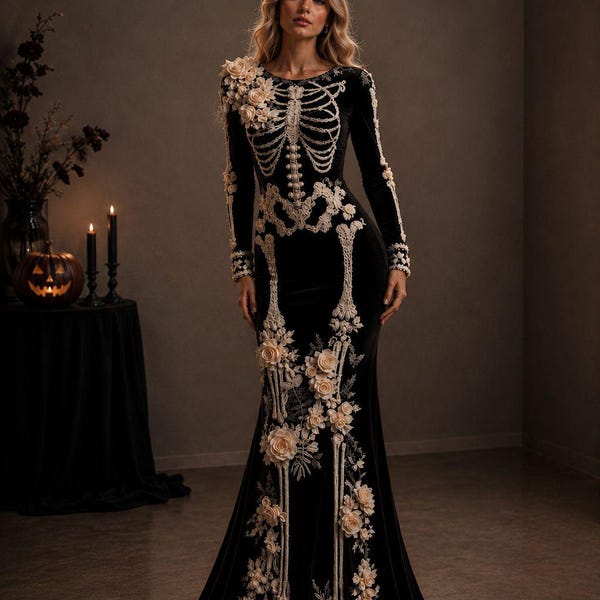 Gothic Skeleton Gown Black Velvet Floral Halloween Dress