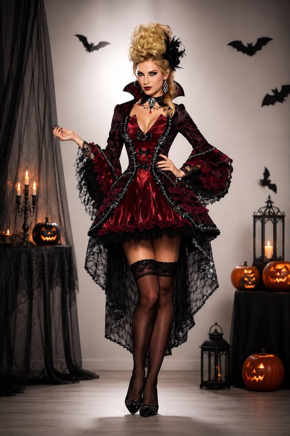 Women’s Gothic Vampire Costume, Victorian Halloween Dress, Burgundy Gothic Dress, Vampire Queen Costume, Gothic Cosplay Outfit