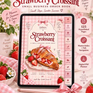 Erdbeer-Croissant-Planer für Kleinunternehmen | 125-seitiges, verlinktes Bestellbuch | Digitales Notizbuch/Geschäftsplaner | Planer-PDF
