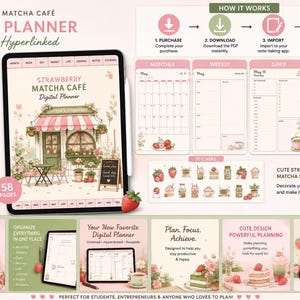 May include: A digital planner titled Strawberry Matcha Cafe featuring an undated, hyperlinked layout with 58 pages. The set includes monthly, weekly, and daily templates, a sticker sheet with strawberry matcha graphics, and instructions for use.
