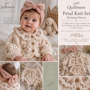 May include: A cream-colored knit sweater with a ruffled collar, matching bloomers, and a pink floral headband. The set features embroidered flower details and small brown buttons. Text includes Quillmere Petal Knit Set Knitting Pattern.