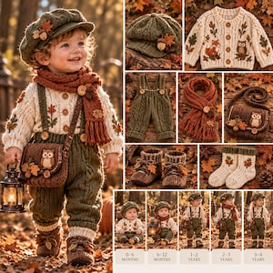 Può includere: Un set di abbigliamento in maglia per bambini composto da una salopette verde oliva con bretelle, un cardigan color crema con ricami di animali del bosco, una sciarpa marrone, un berretto abbinato, scarpine e una piccola borsa a tracolla.