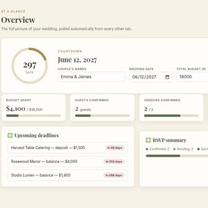May include: A digital wedding planning dashboard interface titled Emma & James. The screen displays an overview with a 297-day countdown to June 12, 2027, budget tracking, guest counts, vendor status, payment deadlines, and an RSVP summary section.