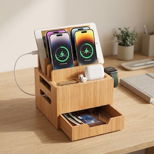 May include: A bamboo multi-device charging station featuring slots for a tablet and two smartphones, a dedicated area for wireless earbuds, a watch stand, and a small pull-out drawer containing cards and currency, with a white charging cable.