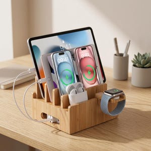 May include: A bamboo multi-device charging station featuring slots for a tablet, two smartphones, and a pair of wireless earbuds in a white case. A smartwatch with a blue woven band rests on a side arm, and white charging cables connect the devices.