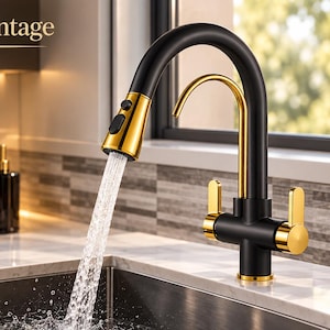 Black and Gold Kitchen Faucet: Pull-Out Sprayer, Hot/Cold Water Filter Tap (Brass Body)