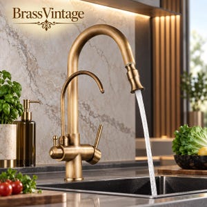 May include: A brass-toned kitchen faucet with a high-arc spout and a secondary smaller spout, featuring a single lever handle and a pull-down sprayer head with water flowing. The text BrassVintage is visible in the upper left corner.