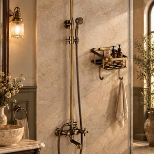 May include: An antique brass shower system featuring a large overhead rainfall showerhead, a handheld shower wand with a flexible hose, and a wall-mounted faucet. A matching rectangular metal storage basket with hooks holds bottles.