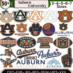 May include: A collection of Auburn University embroidery designs featuring various logos, the AU monogram, tiger mascots, footballs, and text including Auburn University, Go Tigers, and Est. 1856. The file formats listed are DST, EXP, JEF, PES, SEW, VP3, and XXX.