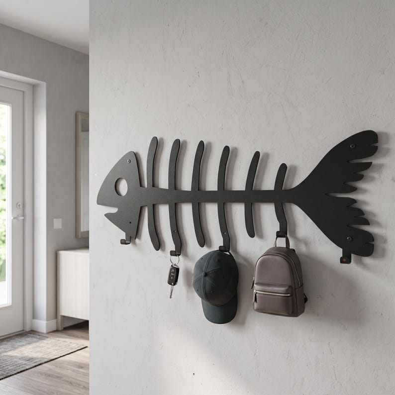 Matte Baseball Card Fishbone Wall Coat Rack, Black Metal Wall Hanger, Unique Fish Skeleton ...