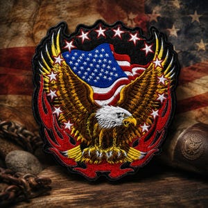 May include: A circular embroidered patch featuring a bald eagle with brown and white feathers, yellow beak and talons, positioned in front of a waving American flag. The design is framed by red flames and a ring of white stars on a black background.