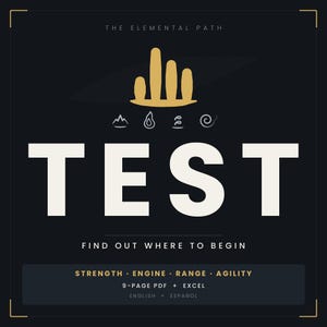 Puede incluir: Un diseño gráfico negro con el texto THE ELEMENTAL PATH en la parte superior, un icono dorado de cuatro barras verticales y cuatro pequeños símbolos elementales. La palabra TEST está en letras blancas grandes. Debajo, el texto dice FIND OUT WHERE TO BEGIN, STRENGTH, ENGINE, RANGE, AGILITY, 9-PAGE PDF + EXCEL y ENGLISH + ESPAÑOL.