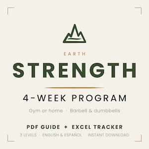 Puede incluir: Un documento digital titulado Earth Strength 4-Week Program con un icono de montaña. El texto incluye Gym or home, Barbell & dumbbells, PDF Guide + Excel Tracker, 3 levels, English & Español e Instant Download sobre fondo crema.