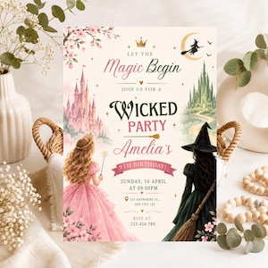 Può includere: Un invito di compleanno con un castello rosa e una ragazza in abito rosa a sinistra, e un castello verde con una strega che tiene una scopa a destra. Il testo recita Let the Magic Begin, Join Us for a Wicked Party, Amelia's 9th Birthday, Sunday, 16 April at 09:00PM, 123 Anywhere St., Any City 123, e RSVP at 123-456-789.