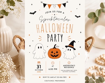 May include: A rectangular Halloween party invitation card featuring black and orange graphics of two ghosts, a jack-o'-lantern, and bunting. The text reads Join Us For A Spooktacular Halloween Party, 31 October 20XX, 6:00 PM, Anderson's Residence.
