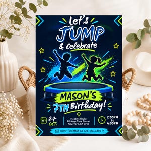Puede incluir: Una tarjeta de invitación de cumpleaños rectangular con fondo azul oscuro y detalles en verde neón y azul. El texto dice Let's JUMP & celebrate, MASON'S 7TH Birthday!, 24 OCT., 2:00PM to 4:00PM y RSVP TO EMMA AT 123-456-7890.