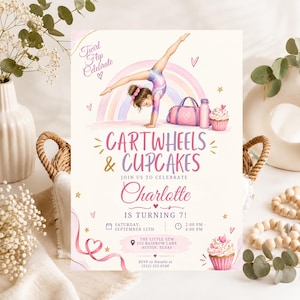 Gymnastics Birthday Invitation, Cartwheels and Cupcakes Watercolor Rainbow Girl Party Invite, Editable Canva Template, Digital Download