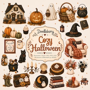 Peut inclure: Une collection numérique d'illustrations sur le thème d'Halloween comprenant une maison hantée, des citrouilles, un fantôme, un panier en osier, un chaudron chat noir, un chapeau de sorcière, un fauteuil, un grimoire, des bougies, des biscuits et le texte Doodleberry Cozy Halloween.