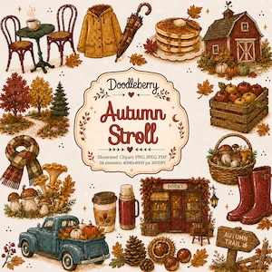 Peut inclure: Une collection d'illustrations sur le thème de l'automne comprenant un imperméable jaune, un parapluie à carreaux, une pile de crêpes, une grange rouge, une caisse de pommes, une écharpe, des champignons, un pick-up bleu, un café et un livre.