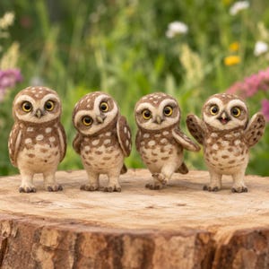 May include: Four small, brown and white needle-felted owl figurines with large yellow eyes. Each owl has a unique pose, including one standing straight, one tilting its head, one lifting a foot, and one with both wings raised, all on a tree stump.