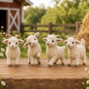 May include: Four small, cream-colored, needle-felted goat figurines standing on a wooden surface. Each figurine features a textured, wool-like appearance, small horns, dark eyes, and a distinct pose, with one goat tilting its head to the side.